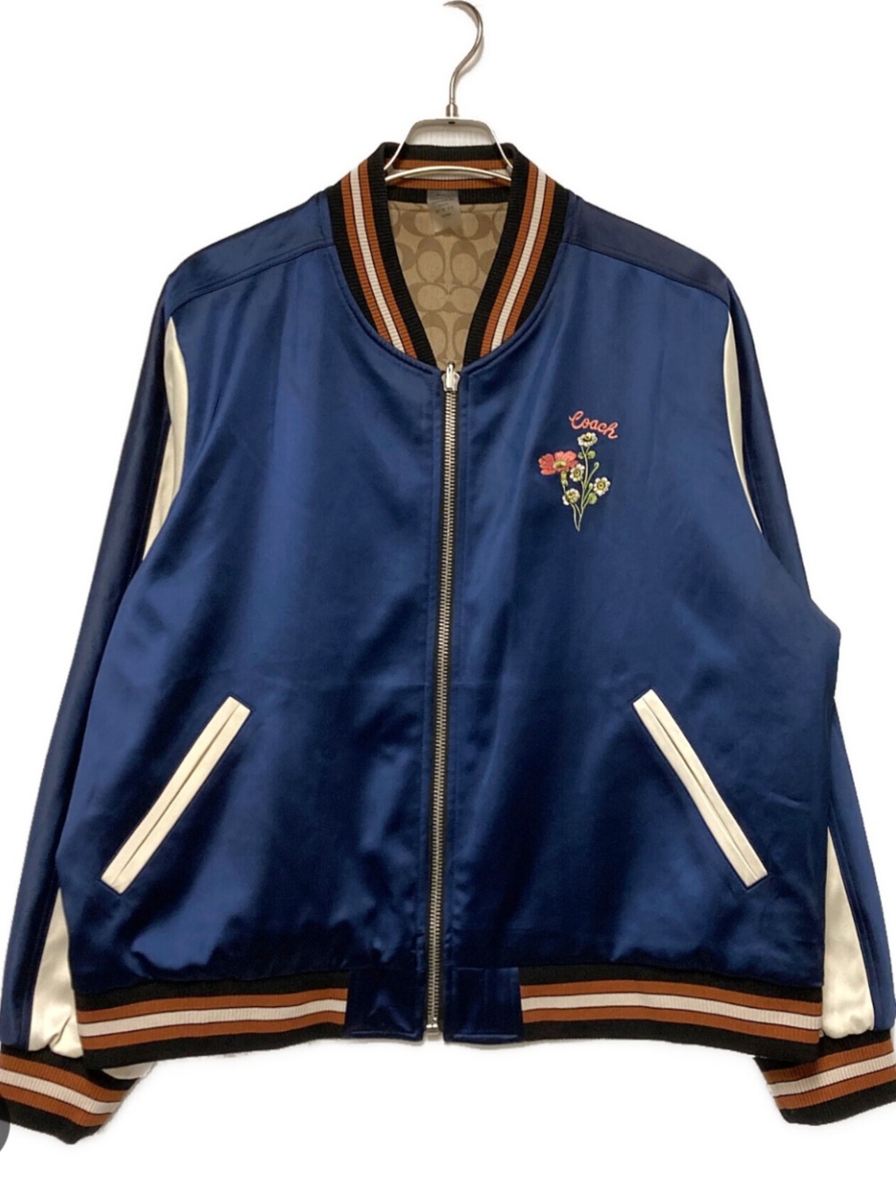 Coach Reversible Navy Bomber Jacket with Cream Sleeves and Floral Embroidery - Picture 6 of 11